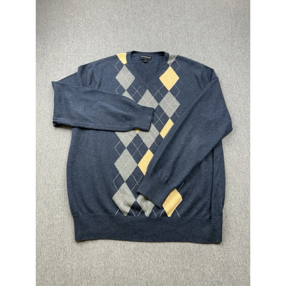 Banana Republic Cotton Argyle Sweater‎ Mens XL Pullover Blue Yellow Gray Vneck